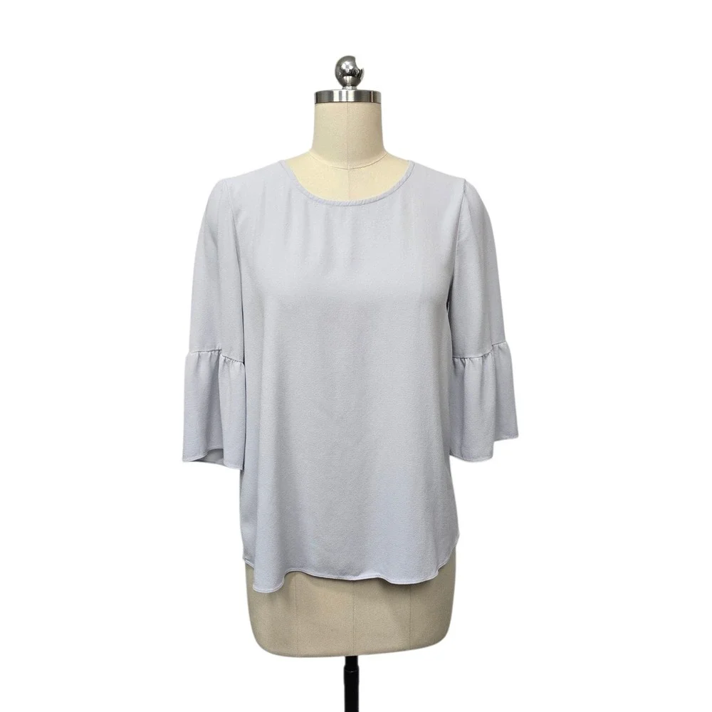 Eileen Fisher Light Blue Crepe Ruffle Bell Sleeve Blouse‎ XS Round Neck Keyhole